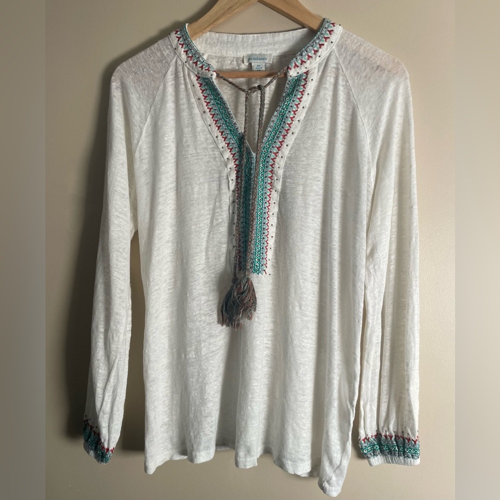 SUNDANCE Women's Size XS Beige Beaded & Embroidered Boho Peasant Linen Blouse